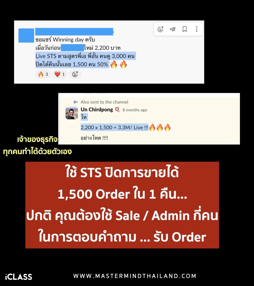 Winning Day จริงจากผู้เรียน — ใช้ STS ปิด 1,500 ออเดอร์ใน 1 คืน (2,200 × 1,500 = 3.3 ล้าน/Live)